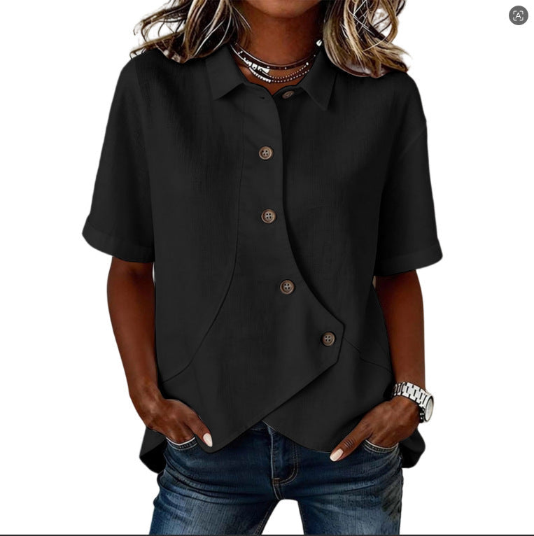 Summer Asymmetrical Shirt Solid-color Loose-fitting Lepal Tops Women's Clothing NorixaFashion.com