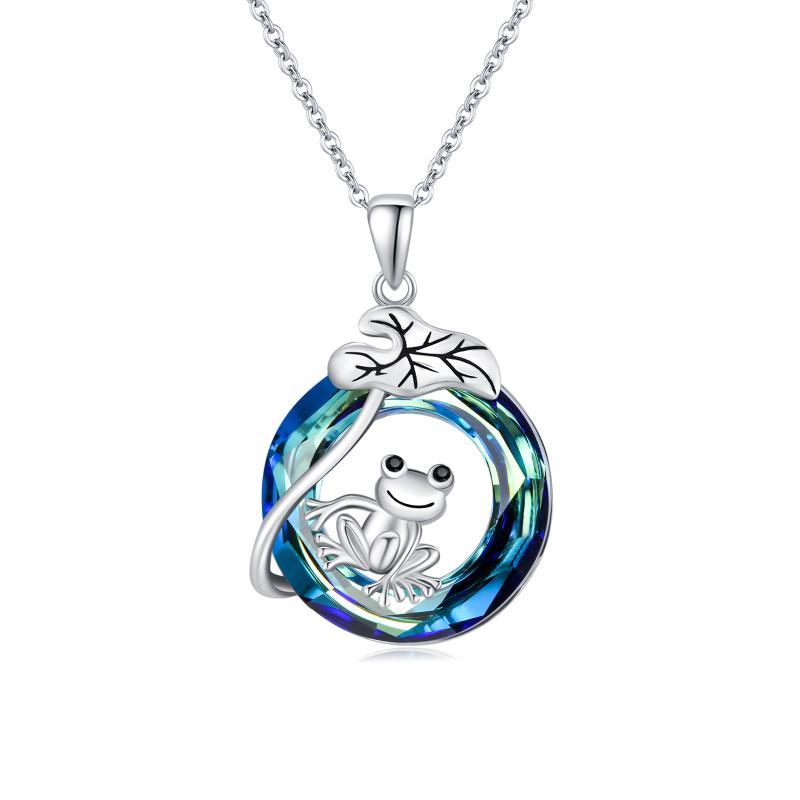 925 Sterling Silver Frog Lotus Leaf Necklace with Circle Crystal Pendant Cute Animal Jewelry Gifts LadyShow.Store