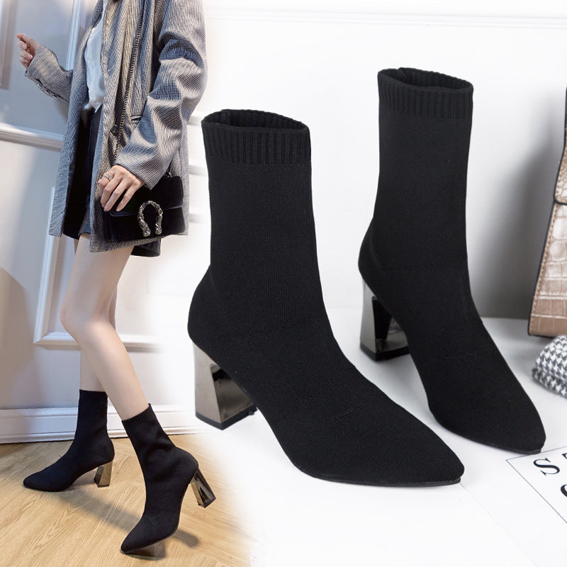 Thick Heel Elastic Thin Net Red Socks Boots Mid-tube Pointed Toe High-heeled Short Boots Women LadyShow.Store