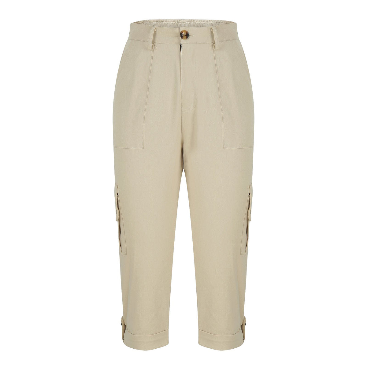 Solid Color Casual Cropped Pants - Women's High Waist Multiple Pockets Capri Trousers for Daily Wear NorixaFashion.com