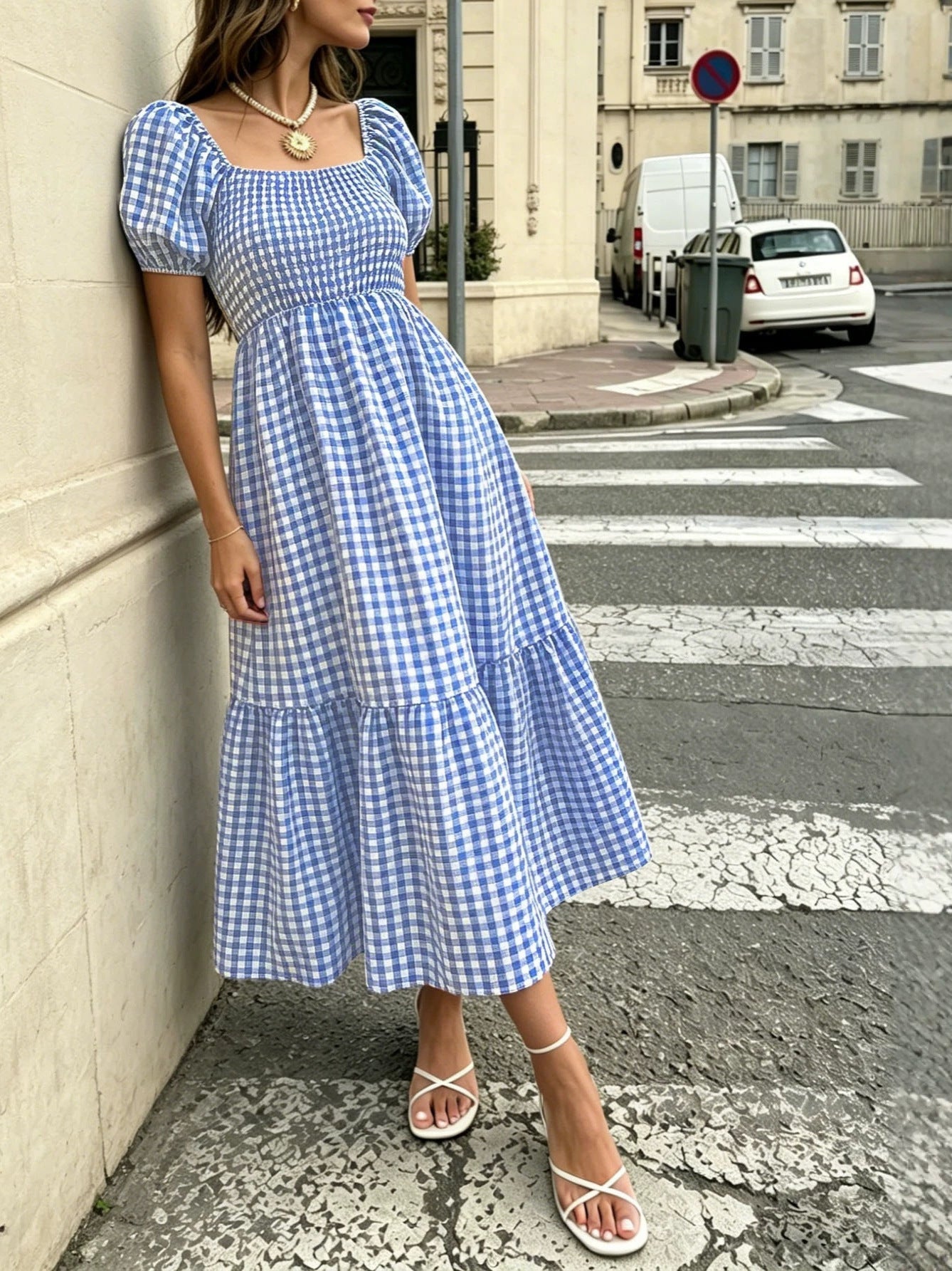 Women's Literary Retro Style Puff Sleeve Dress  Vichy Check Square Neck High Waist Tiered Dress NorixaFashion.com