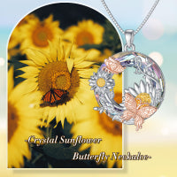 Crystal Sunflower Butterfly Necklace in Rose Gold and Gold Plated Sterling Silver LadyShow.Store
