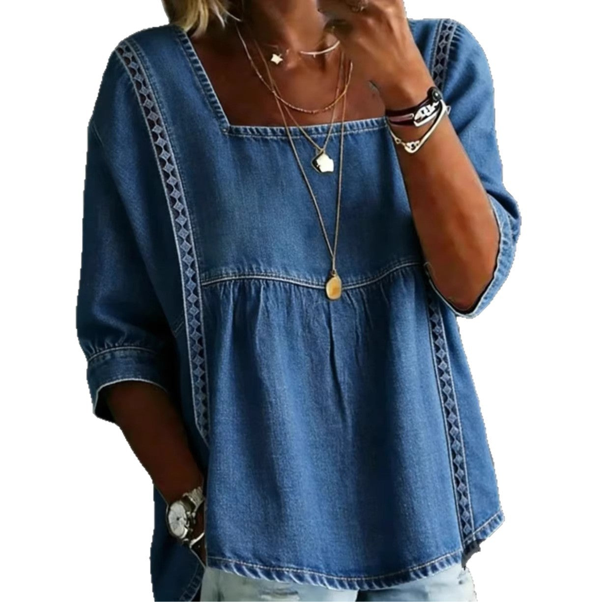 Denim And Lace Patchwork Blouse European And American Style NorixaFashion.com
