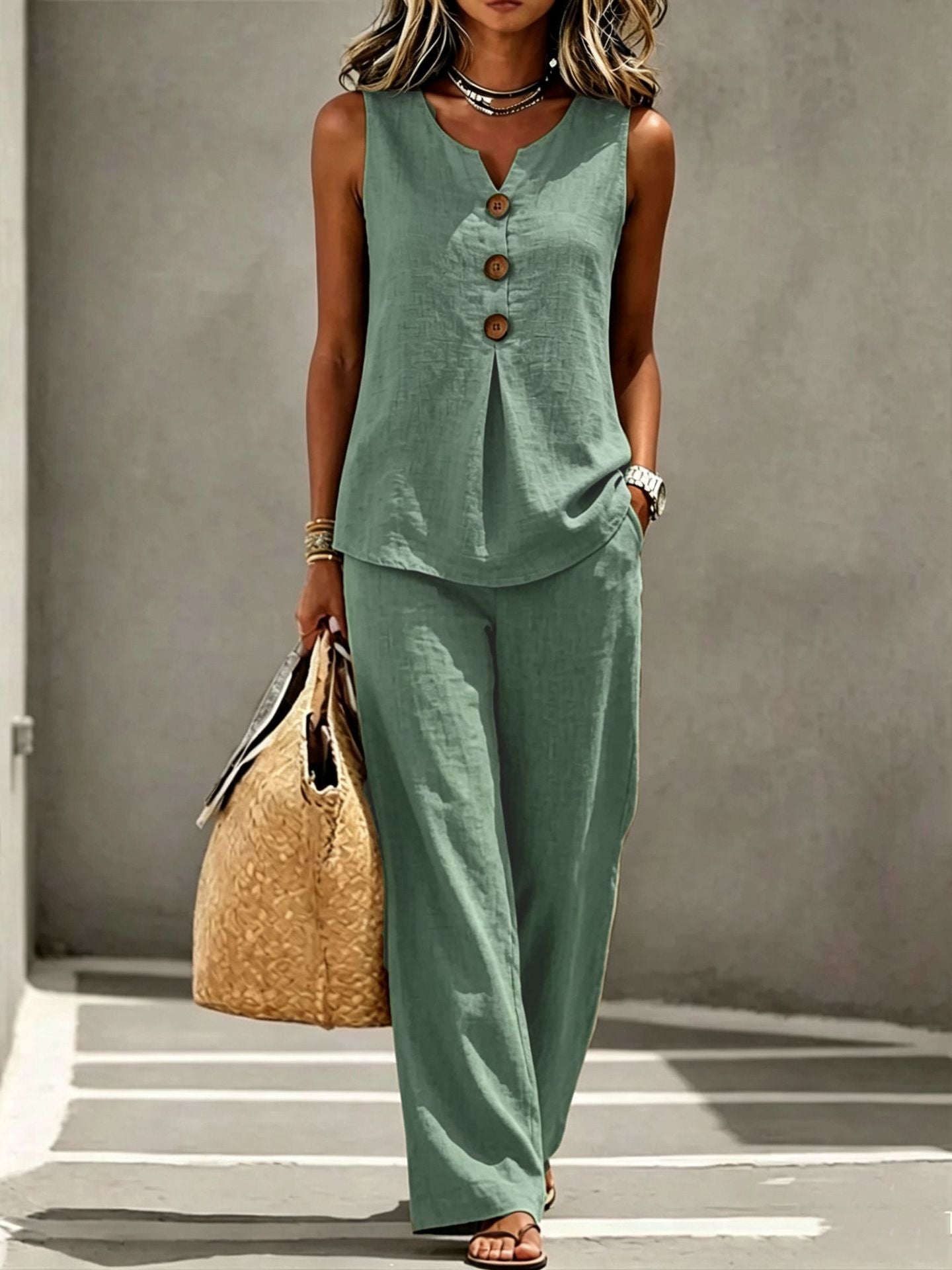 Womens V-neck Buttoned Sleeveless Vest Top Set Two-piece Outfit NorixaFashion.com