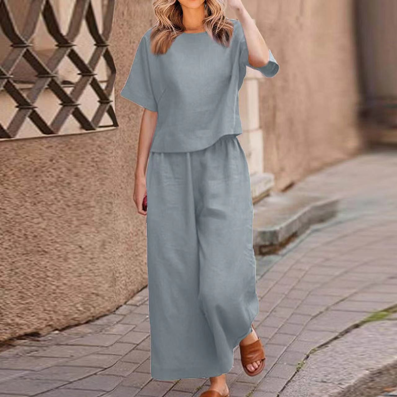 European And American Women's Linen Casual Loose Solid Color Suit Two-piece Women LadyShow.Store