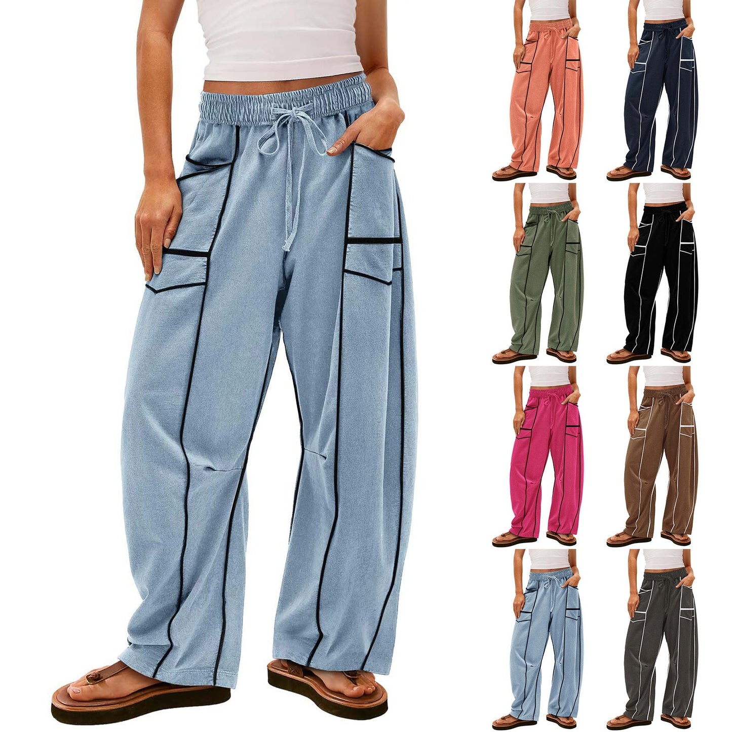 Y2K Black Striped Wide-leg Pants With Pockets Fashion Loose Drawstring Trousers Sports Sweatpants Women's Clothing LadyShow.Store