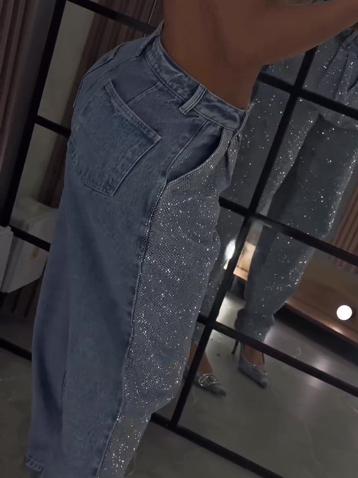 Elegant Glittery Denim Crop Top And Pants Ensemble NorixaFashion.com