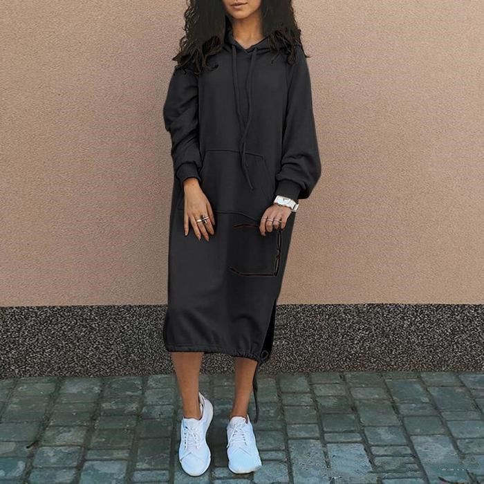 Casual Long-sleeved Hooded Sweater With Pocket Fashion Drawstring Long Sweatshirt Womens Clothing LadyShow.Store