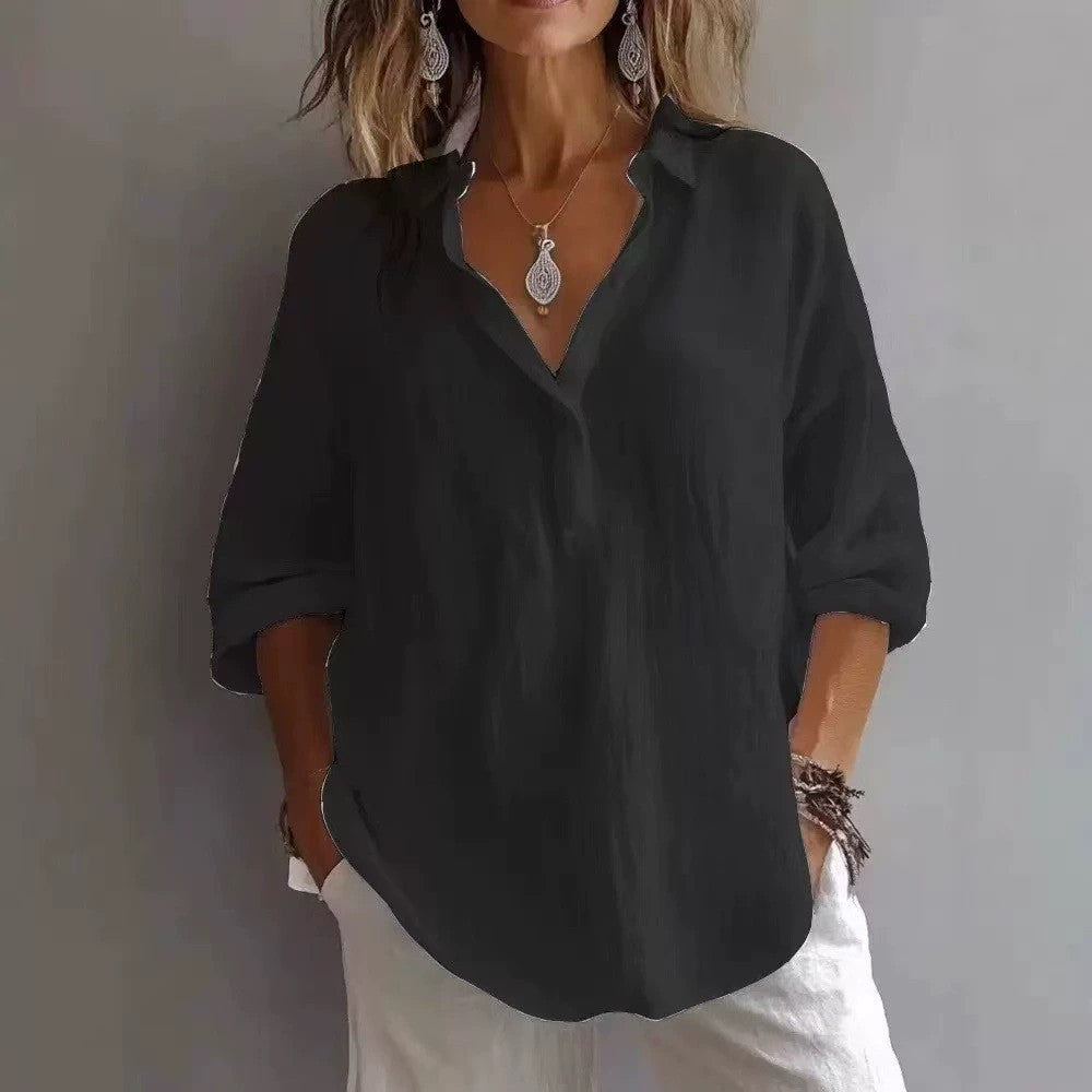 Fashion Long-sleeved Lapel Pullover Shirt Casual Loose Solid Color T-shirt Tops Women's Clothing NorixaFashion.com