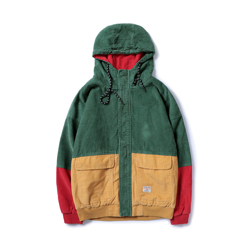 Corduroy Hip-Hop Patchwork Hooded Jacket for Couples Pi-Mart