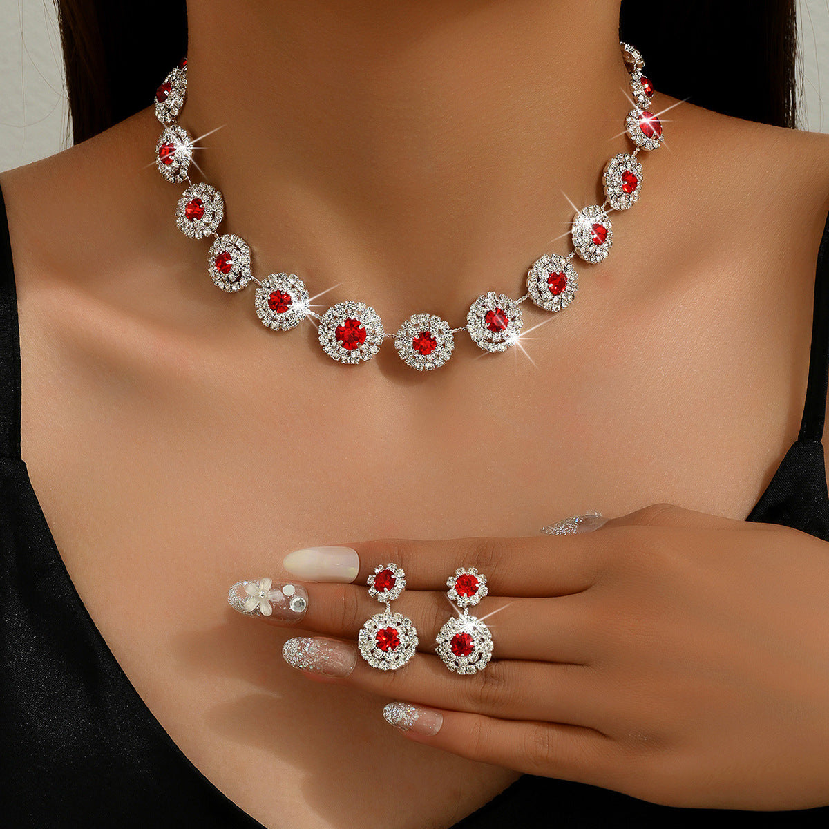 Popular Luxury Round Rhinestone Quartz Necklace And Earring Suit LadyShow.Store