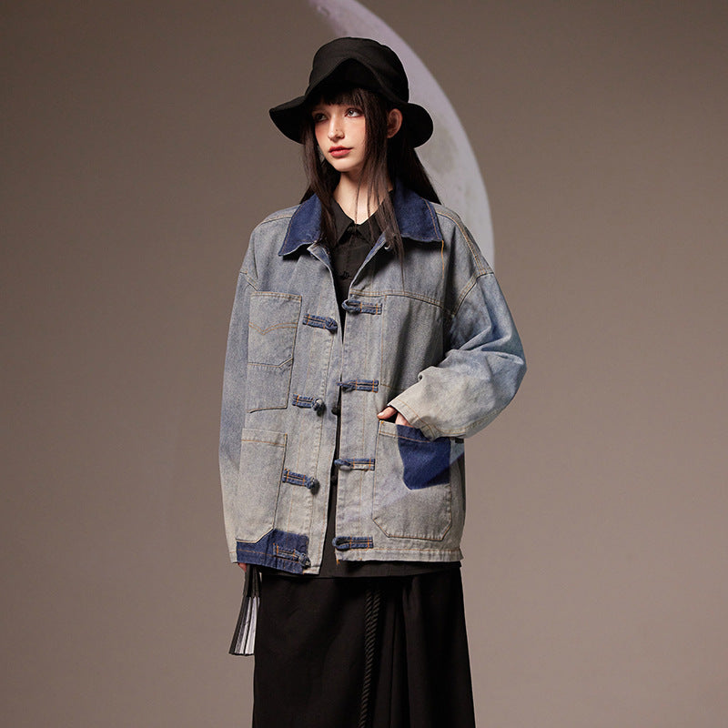 Vintage Chinese Style Loose Denim Jacket for Women Pi-Mart