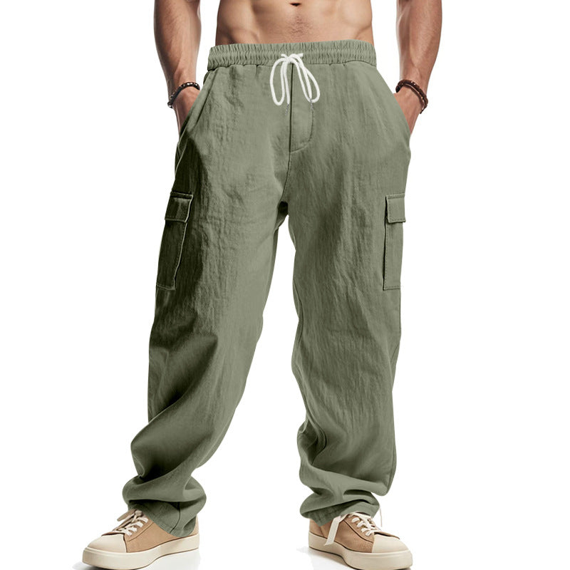 Men's Workwear Multi-pocket Straight Linen Pants Linen Four Seasons Thin Breathable Cargo Pants, Multi-pocket Loose Casual Trendy Wide-leg Pants NorixaFashion.com