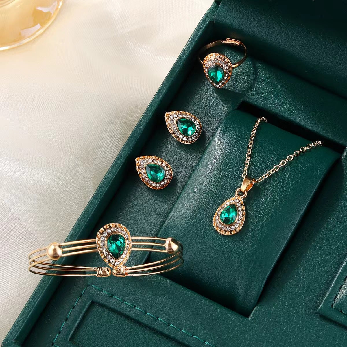 Jewelry Suit Women's Water Drop Gem Series Necklace Earring Ring Bracelet Four-piece Set LadyShow.Store