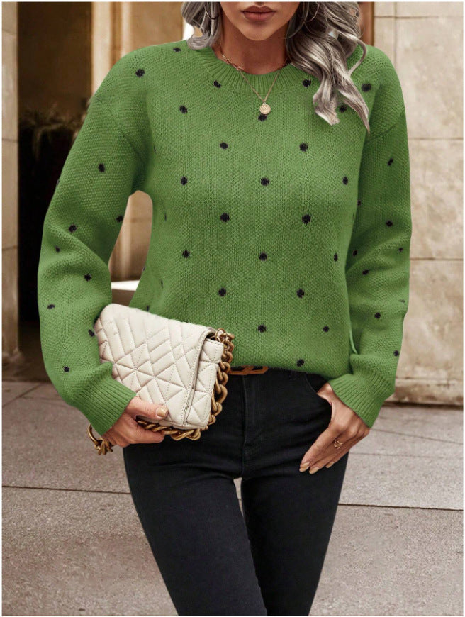 Ins Polka Dot Print Pullover Sweater Fashion Casual Long-sleeved Jacquard Knitted Top Winter Round Neck Clothing For Women LadyShow.Store