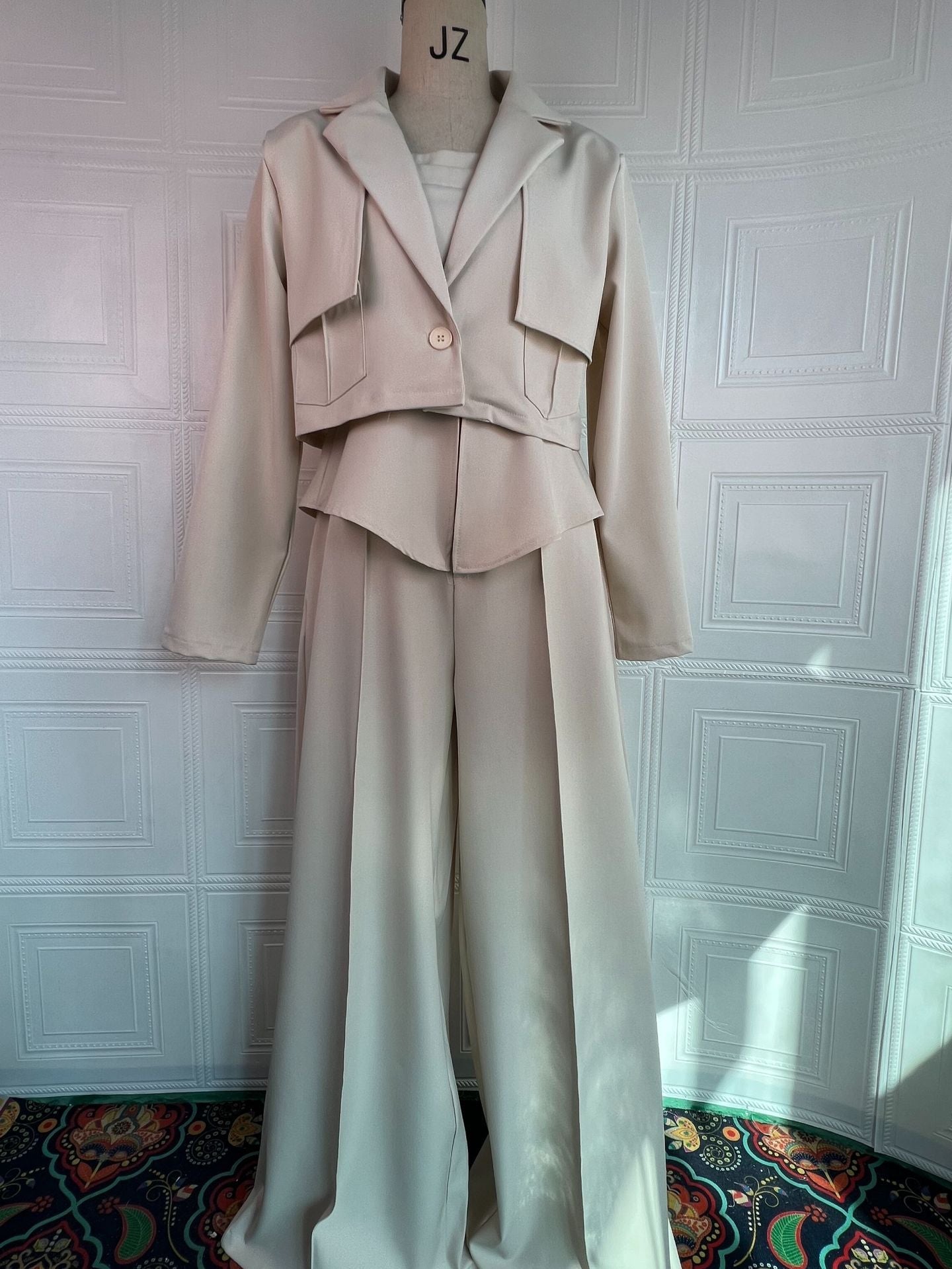 Womens Solid-color Elegant Blazer And Wide-leg Suspender Pants Set NorixaFashion.com