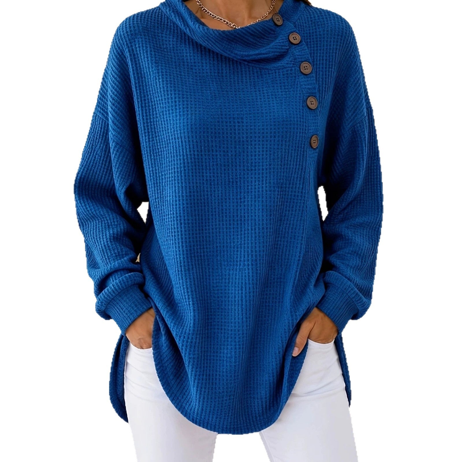 Womens Solid-Color Waffle-Weave Long-Sleeve Button-Up Casual Shirt Comfortable Top NorixaFashion.com