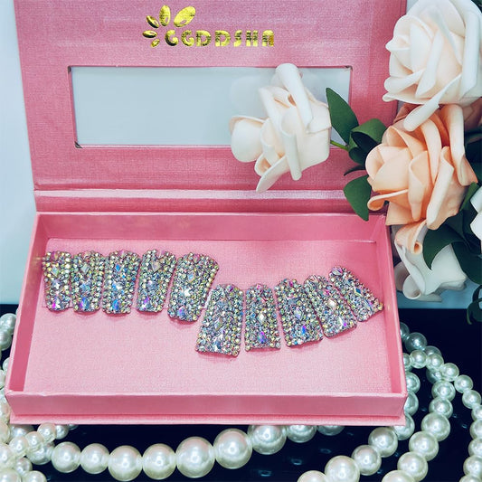 GGddsha Full Diamond Duck Nails Medium Square ReusablePMMA Acrylic Nails Handmade Full Coverage Deluxe 3DCrystal Fake Nail With Box Gift For Women,Aurora Edge Tri Light Beauty