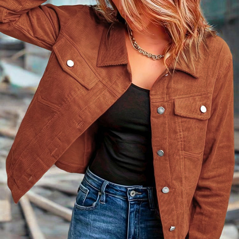 Women's Corduroy Long Sleeve Jacket - Casual Button-Up Coat With Flap Pockets LadyShow.Store