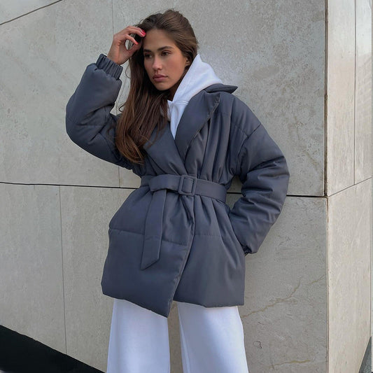 New Thickened Slimming Cinched Cotton-padded Coat Solid Color Belt Cotton Coat Jacket LuxuryLifeWay Online Store