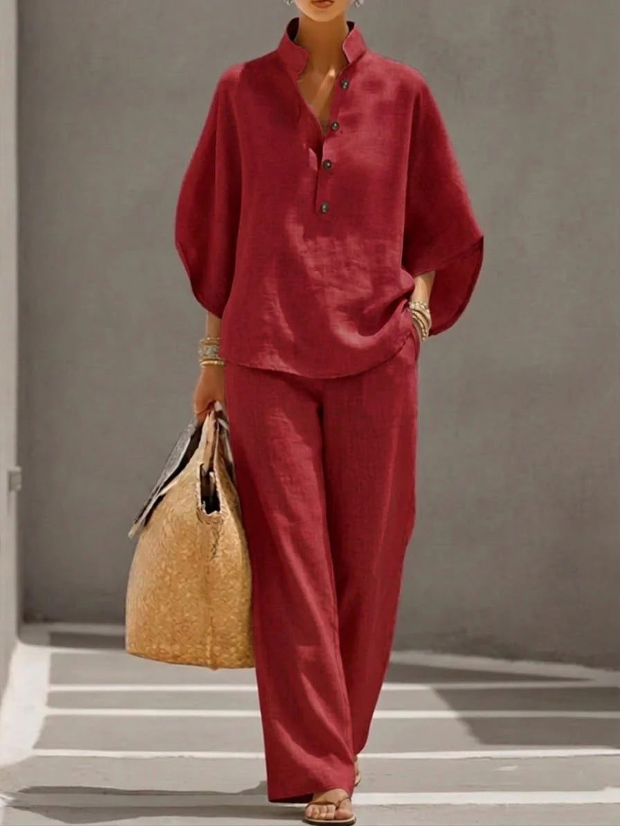 Women's Short-sleeved Suit Summer Loose Pullover Top And Straight-leg Trousers Outfit Clothing NorixaFashion.com