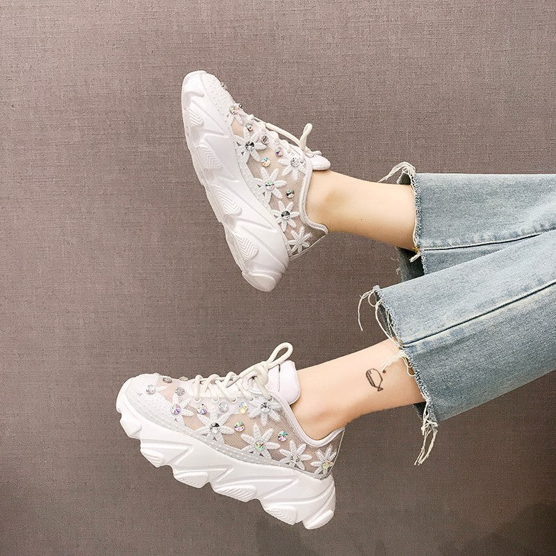 Women's Sneakers with Rhinestones - Casual White Shoes LadyShow.Store