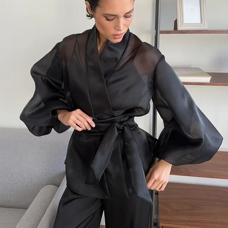 Black Sheer Puff Sleeve V-neck Tie-front Top NorixaFashion.com