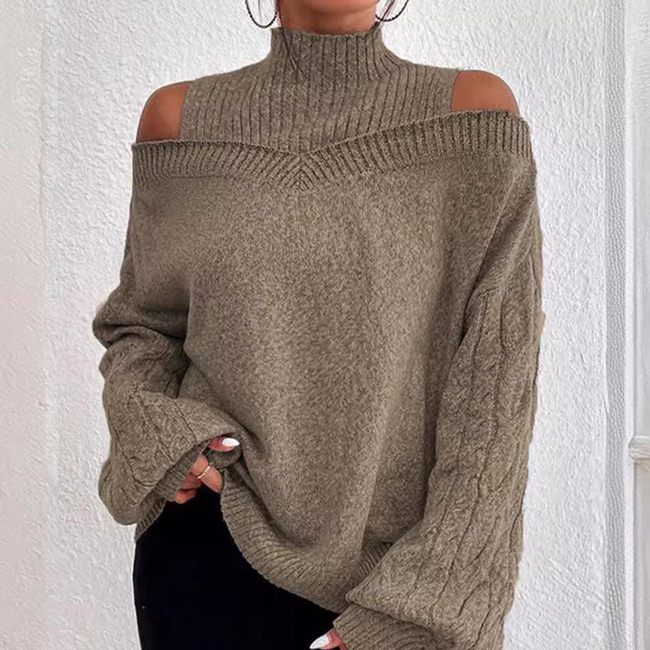 Off-the-shoulder Sweater Women's Pullover Half Turtleneck Autumn And Winter New Lantern Sleeve Sweater NorixaFashion.com