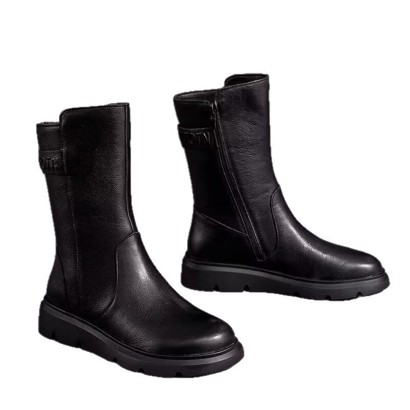Round-toe Solid-color High-top Mid-calf Short Boots With Side Zipper LadyShow.Store