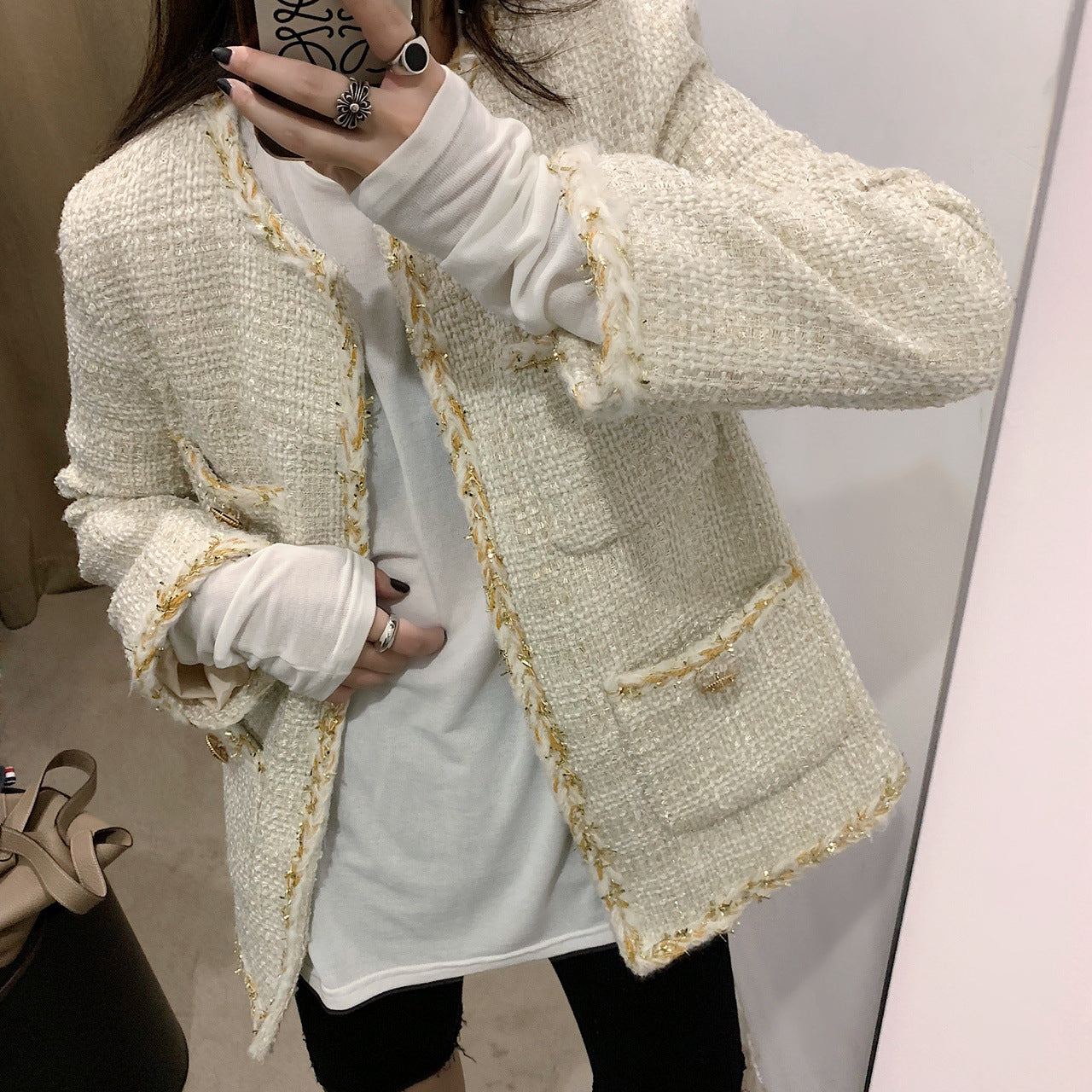 Loose Knit Pocket Round Neck Jacket for Women Pi-Mart