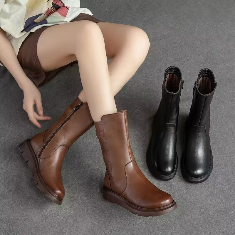 Round-toe Solid-color High-top Mid-calf Short Boots With Side Zipper LadyShow.Store