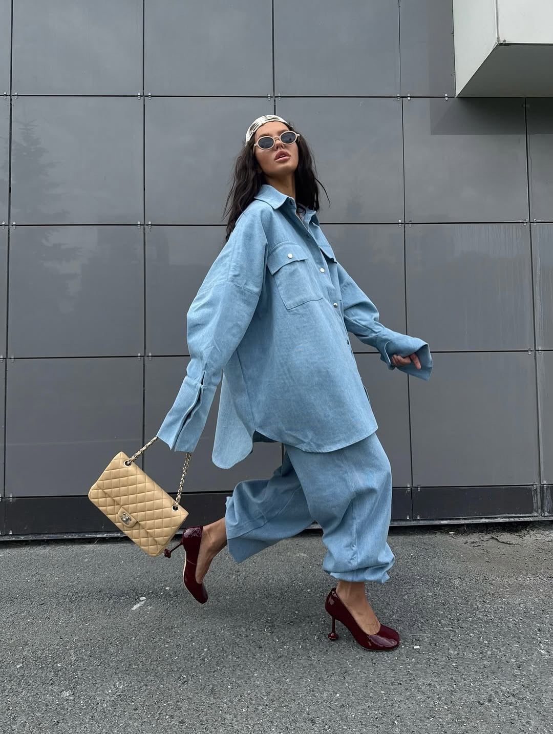 Light Blue Denim Oversized Shirt And Baggy Pants Set NorixaFashion.com