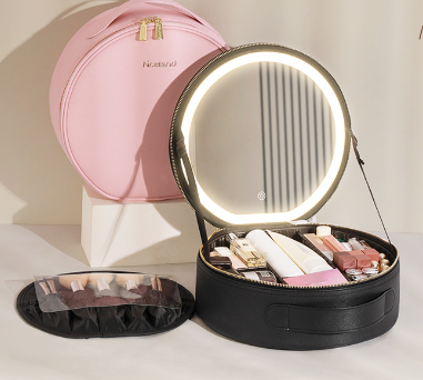 Round Makeup Bag with Mirror and LED Light (Large Capacity) LadyShow.Store