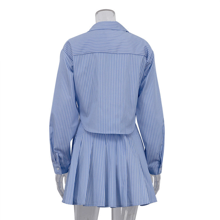 Fashionable Striped Collared Long-sleeved Shirt And Skirt Set NorixaFashion.com