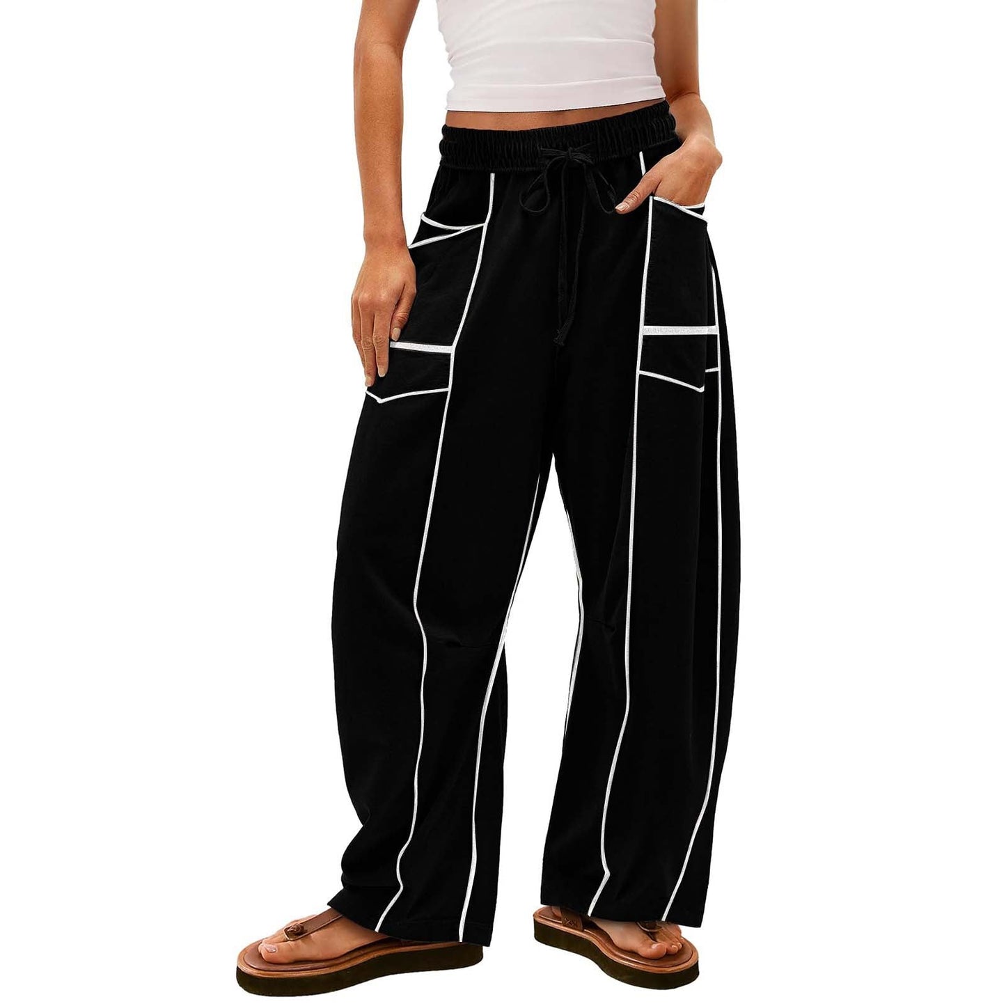 Y2K Black Striped Wide-leg Pants With Pockets Fashion Loose Drawstring Trousers Sports Sweatpants Women's Clothing LadyShow.Store