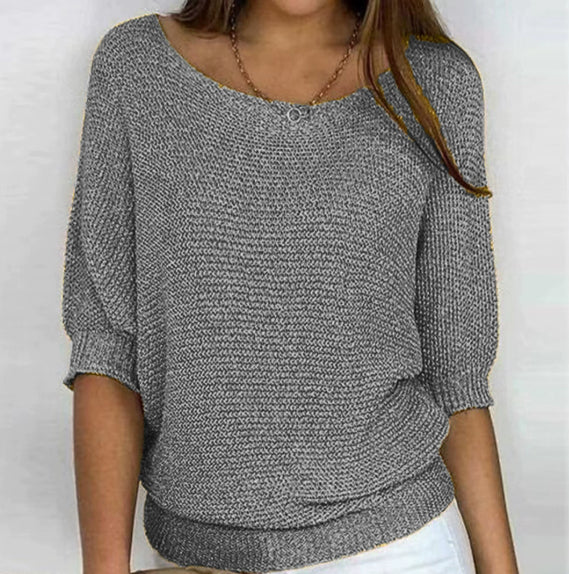 Three-quarter Sleeve Pullover Sweater Fashion Solid Color Loose Round Neck Knitted Top For Women Clothing NorixaFashion.com