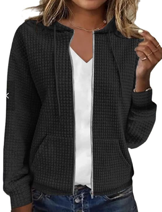 Womens Solid Color Hooded Zip Up Loose Long Sleeve Jacquard Sweatshirt NorixaFashion.com