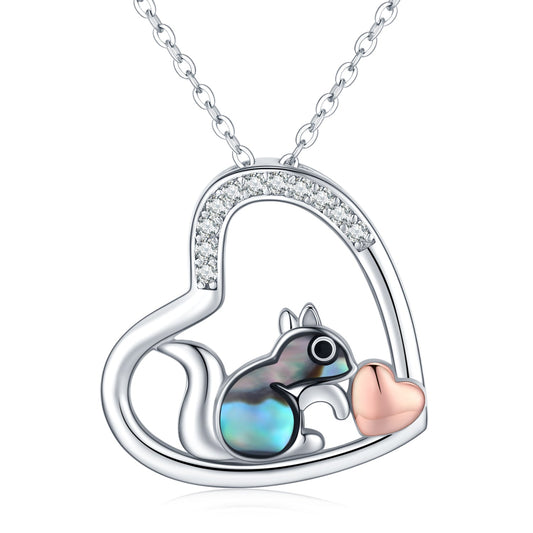 925 Sterling Silver Squirrel Abalone Shell Cubic Zirconia Cute Animal Heart Pendant Necklace LadyShow.Store