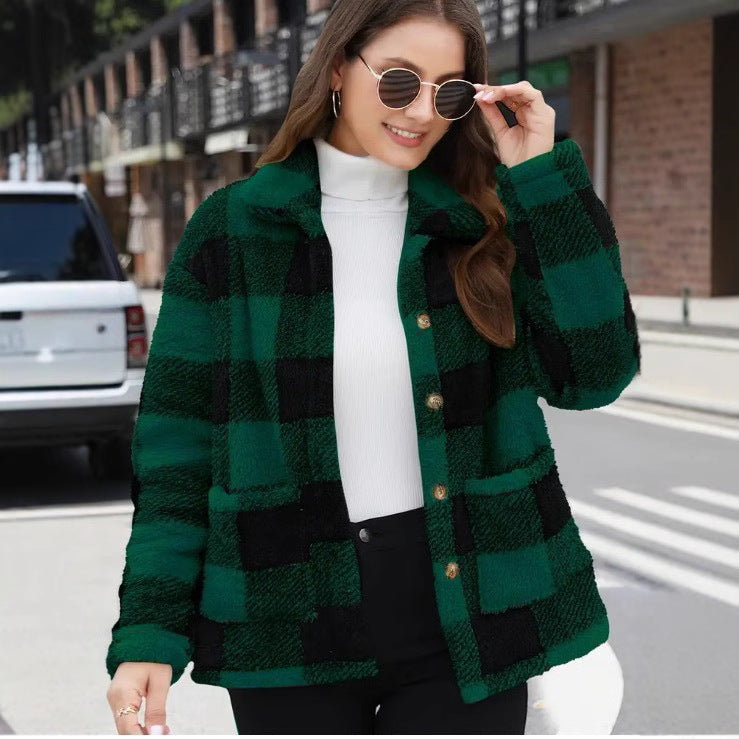 Color-blocked Plaid Jacket Fashion Lapel Pockets Single-breasted Coat Spring Fall Clothing For Women NorixaFashion.com