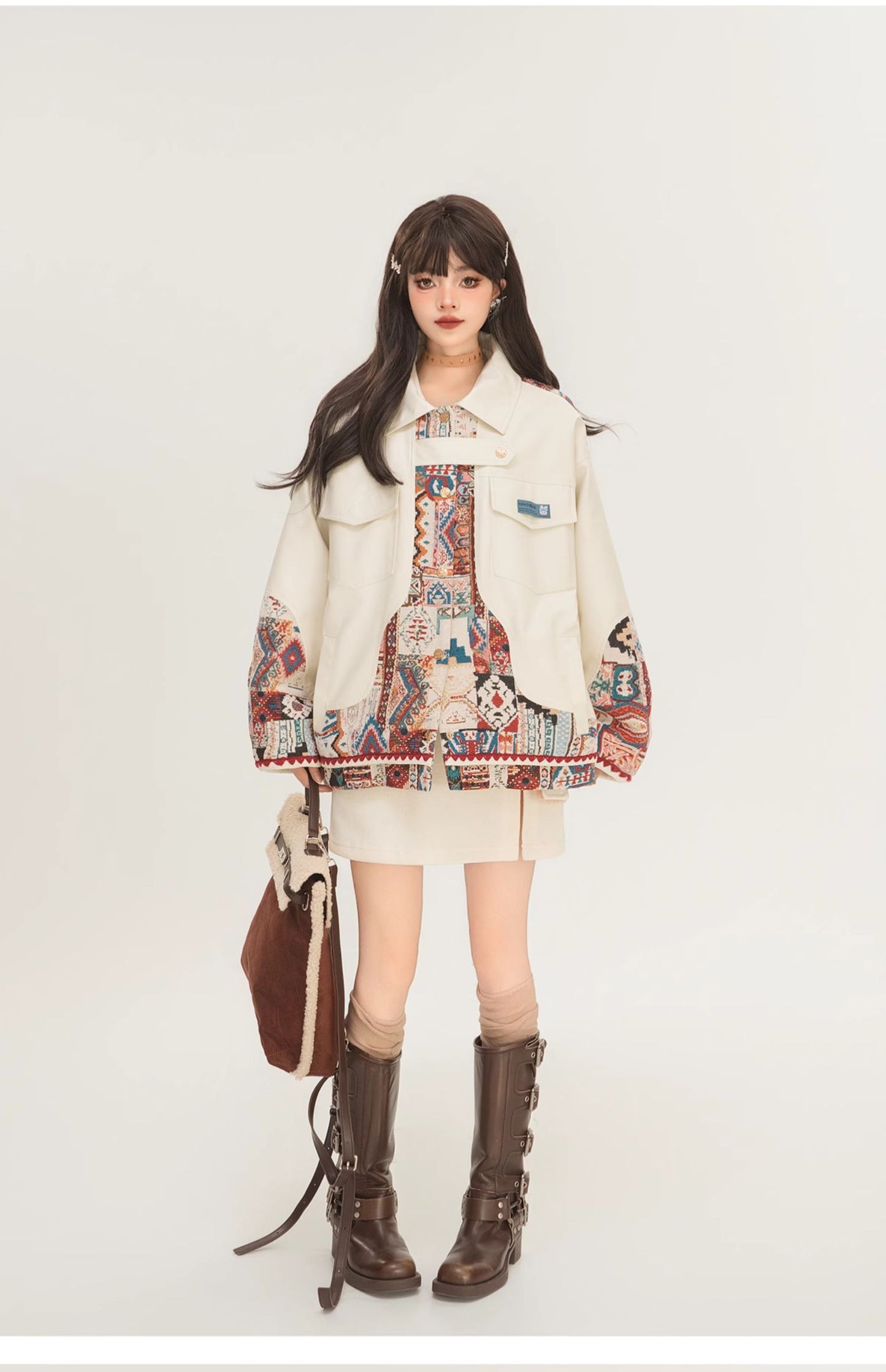 Jacquard Splicing Motorcycle PU Leather Jacket LadyShow.Store