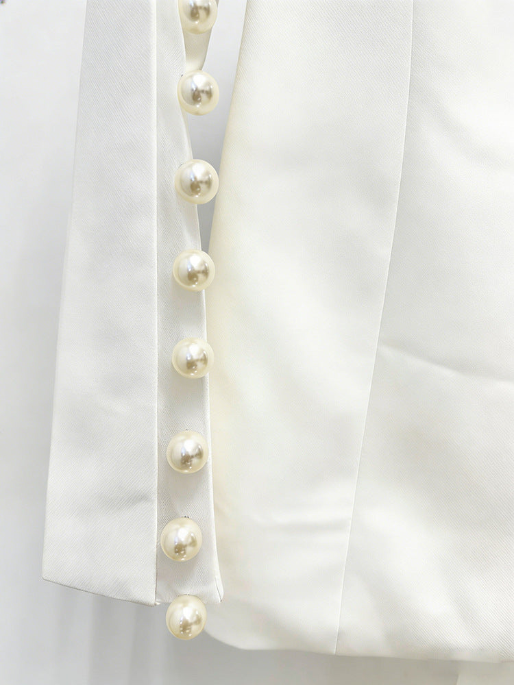 Pearl Embellished Peak Lapel Blazer & High Waist Full Flare Suit Trousers 2-Piece Set NorixaFashion.com