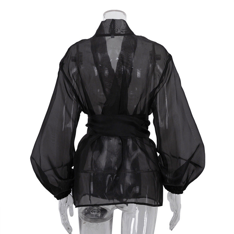 Black Sheer Puff Sleeve V-neck Tie-front Top NorixaFashion.com
