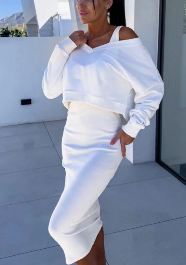 Women's Two Piece Dress Suit Fashion Long-sleeved  V-neck Pullover Sweatshirt And Sleeveless Dresses Set LadyShow.Store