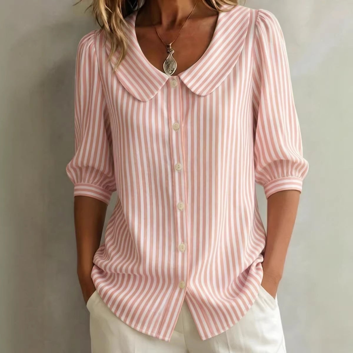 Mid-sleeve Striped V-neck Shirt Top T-shirt Womens Clothing LadyShow.Store