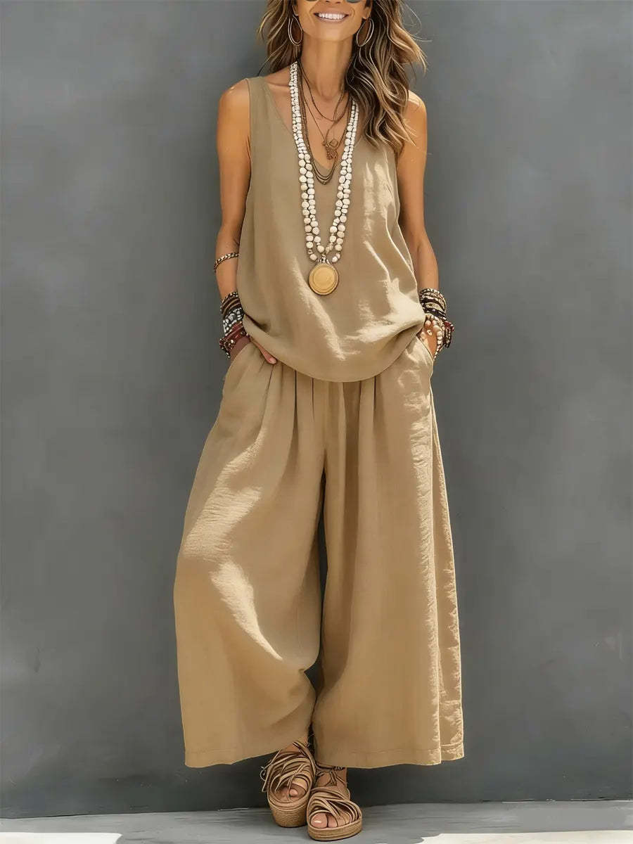Womens Solid-Colored Casual Sleeveless Tank Top And Wide-Leg Pants Cotton-Linen Set LadyShow.Store