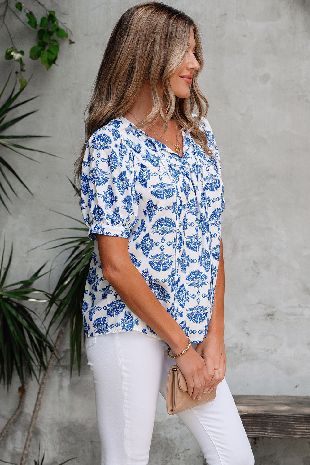 Grace Geometric Tassel Drawstring V Neck Blouse LuxuryLifeWay Online Store