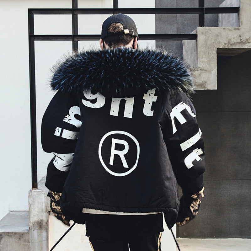Hooded Cotton Jacket with Fur Collar for Trendy Style Pi-Mart