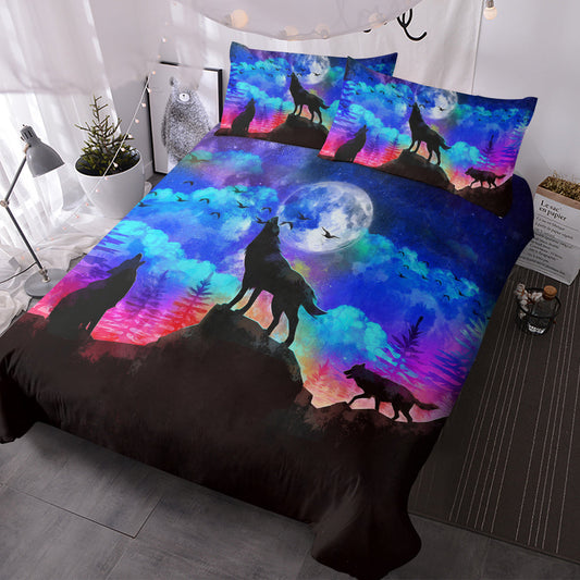 3pcs Starry Sky Moon Night Wolf Pack Bedroom Printed Beddings For Four Seasons Use PearlNestDecor.com