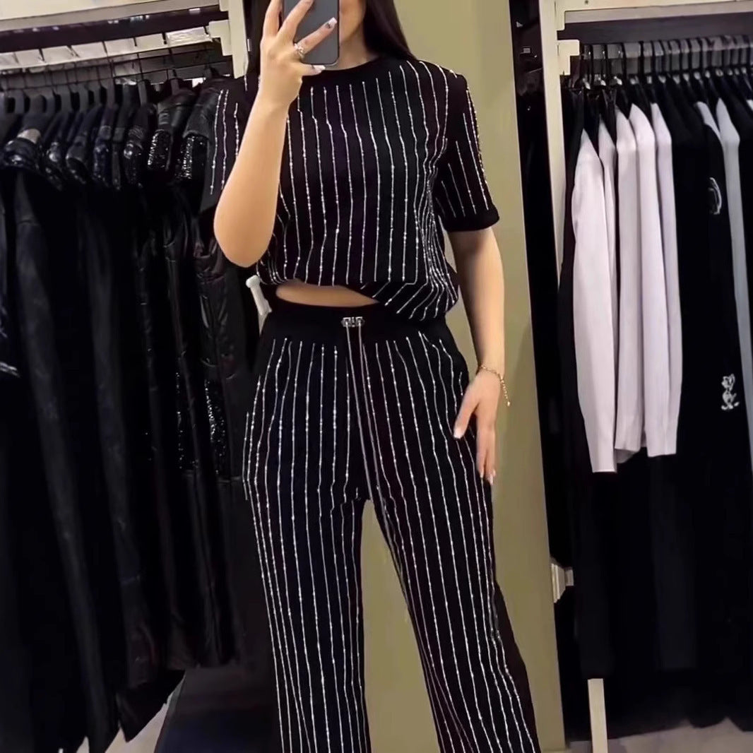 Vertical Striped Rhinestone Top Two-piece Set LadyShow.Store