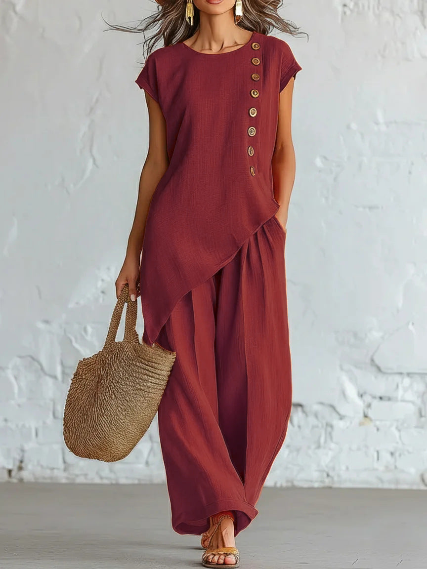 Womens Solid-Color Crew-Neck Buttoned Short-Sleeve Wide-Leg Pants Set NorixaFashion.com